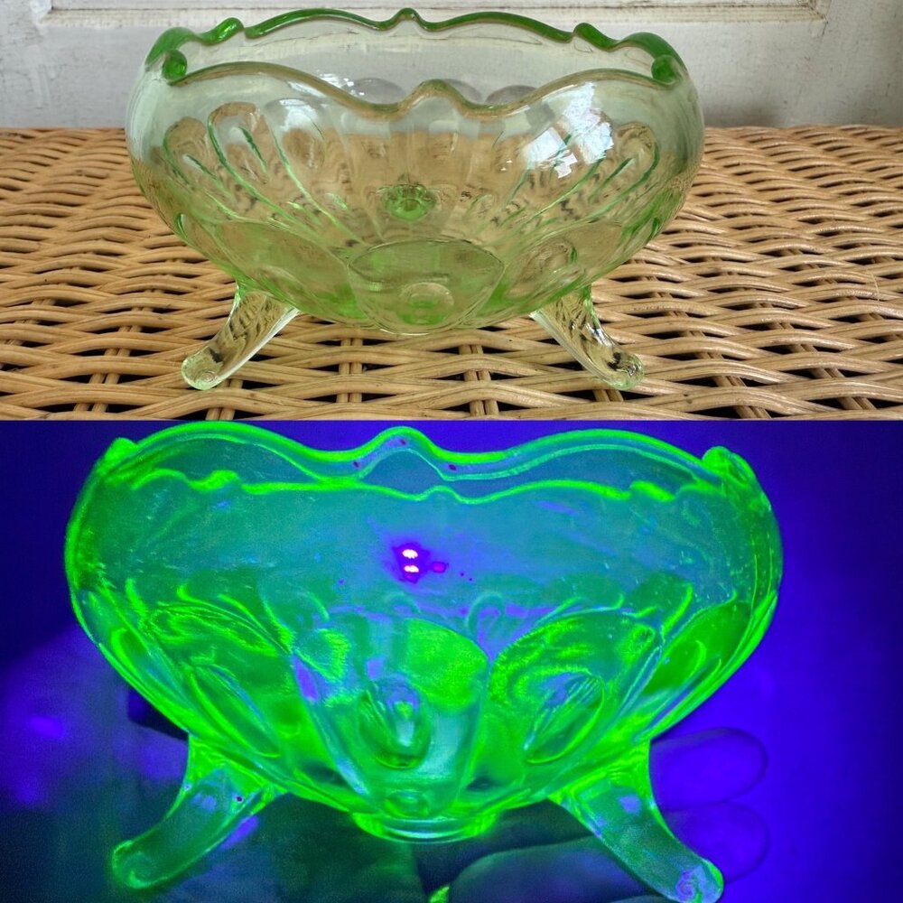 Vintage 30's Green Glass Uranium 3 Footed Rose Bowl Vase